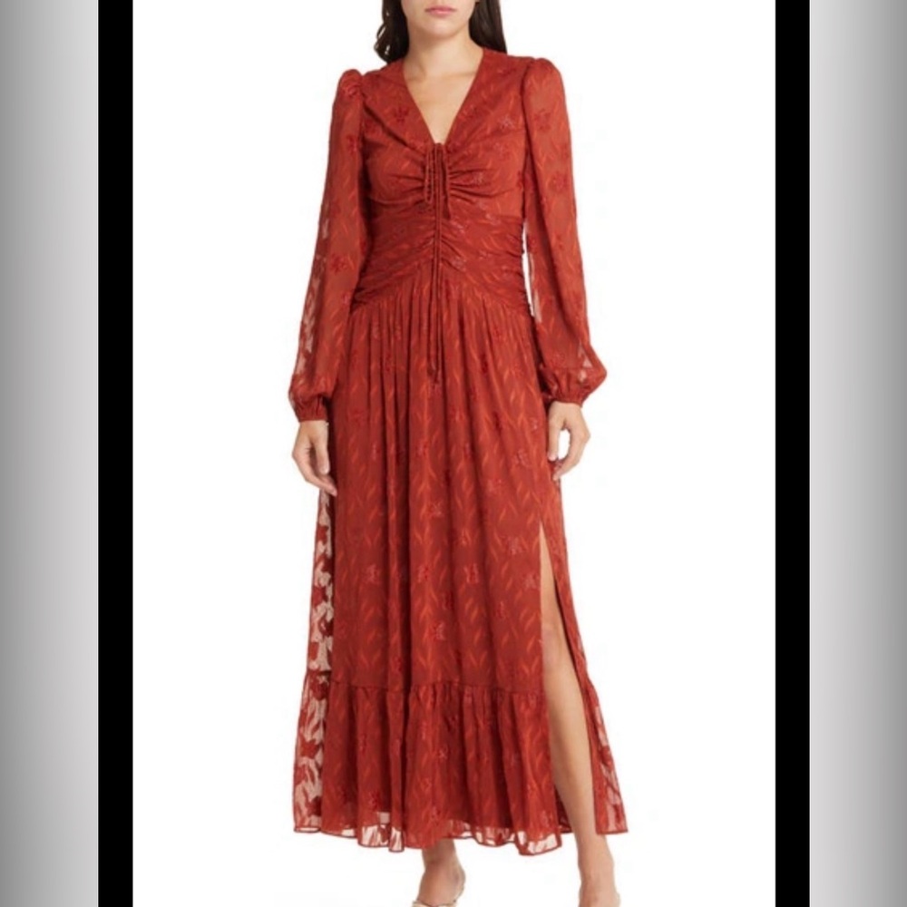 Elegant Rust Long-Sleeve Ruched Midi Dress